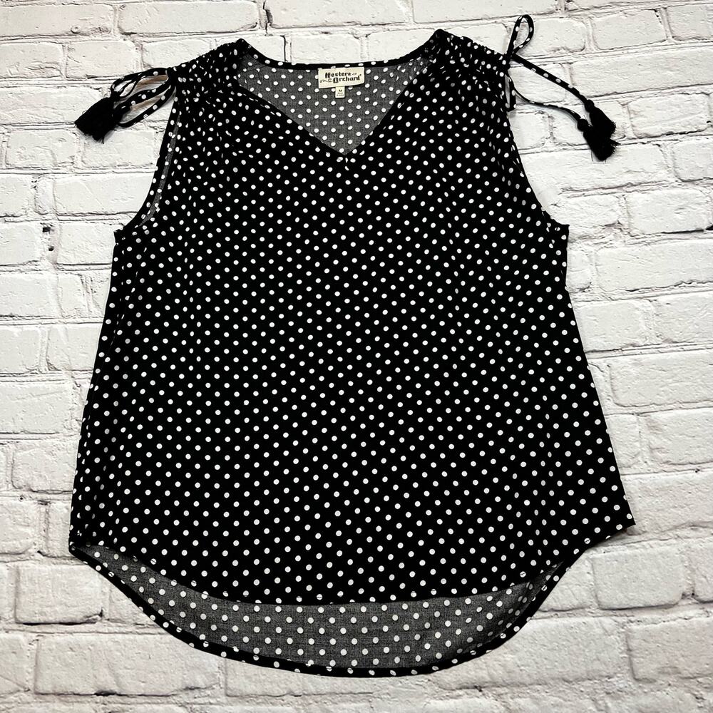 Hester & Orchard Sleeveless tank Black White Polkadot v-neck Tassel Ties size M
